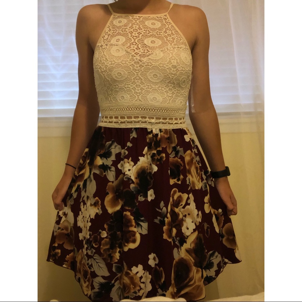 maroon and cream dress with flowers